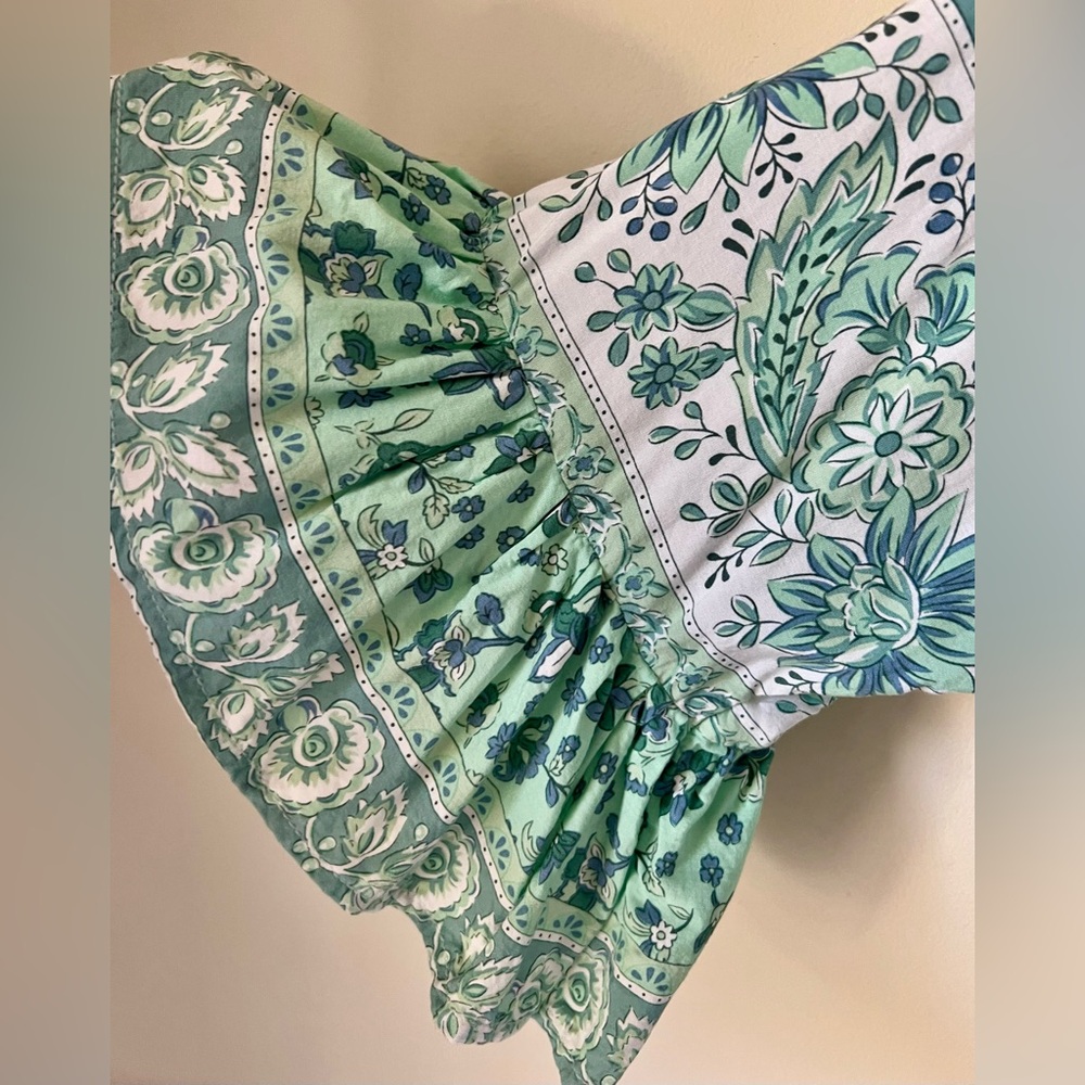 Silk Floral Boho Dress Tiered Bell Sleeves Tassel Tie Mint Green Size XL - Picture 7 of 9
